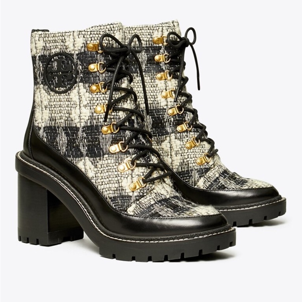 Tory Burch Tweed fand Leather Miller Lug Sole Combat Boots Size 8 1/2 women